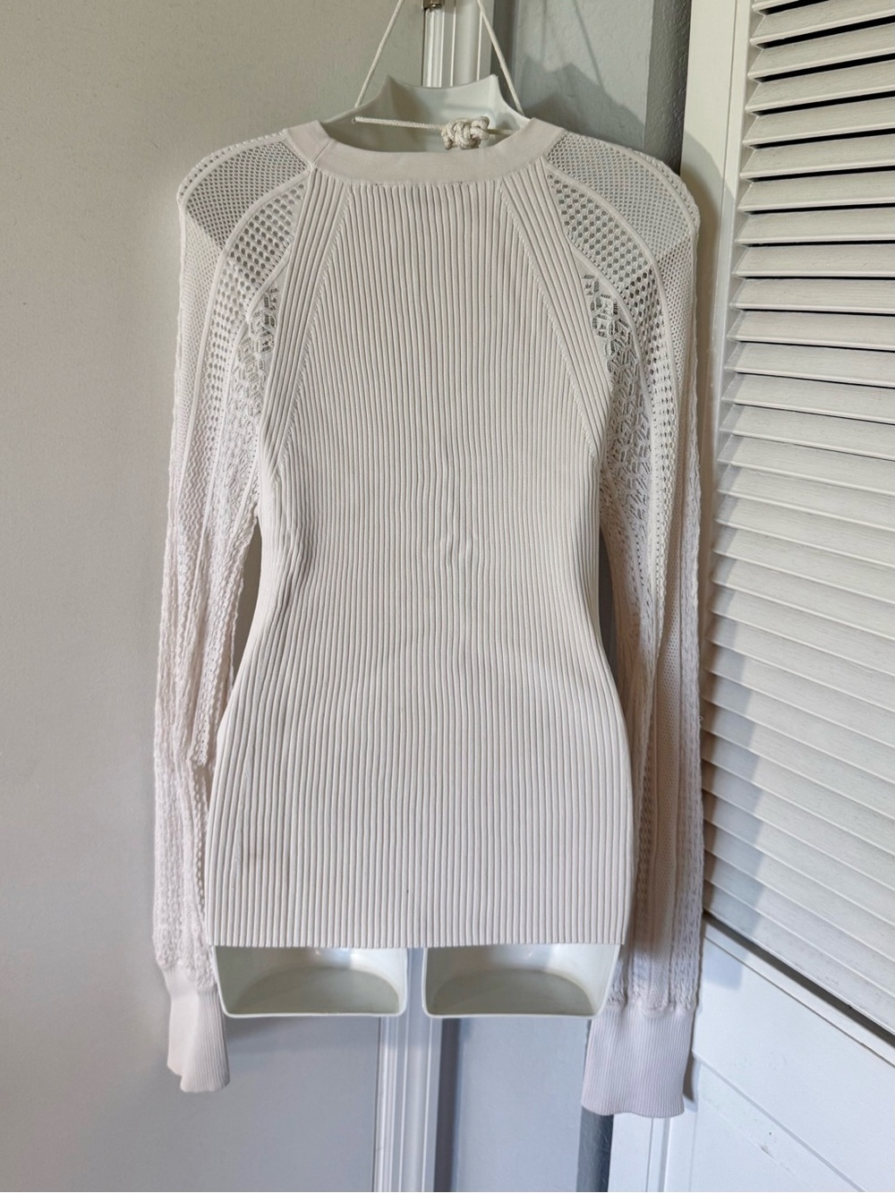 WHBM Black Ribbed Knit Sweater Lace Pointelle Raglan Sleeve - Picture 2 of 6